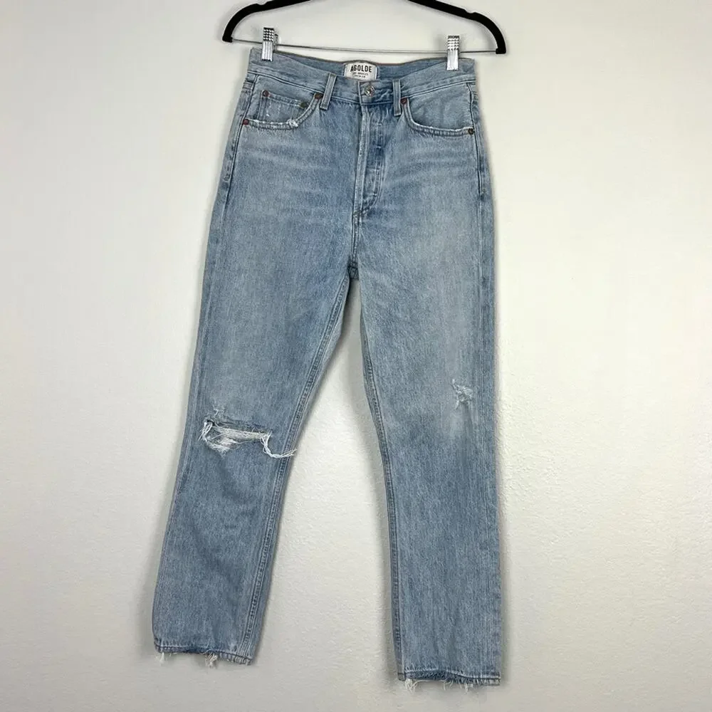 AGOLDE | Women’s Jeans Riley High Rise Straight Crop in Blitz Blue Distressed 26 - Picture 3 of 10